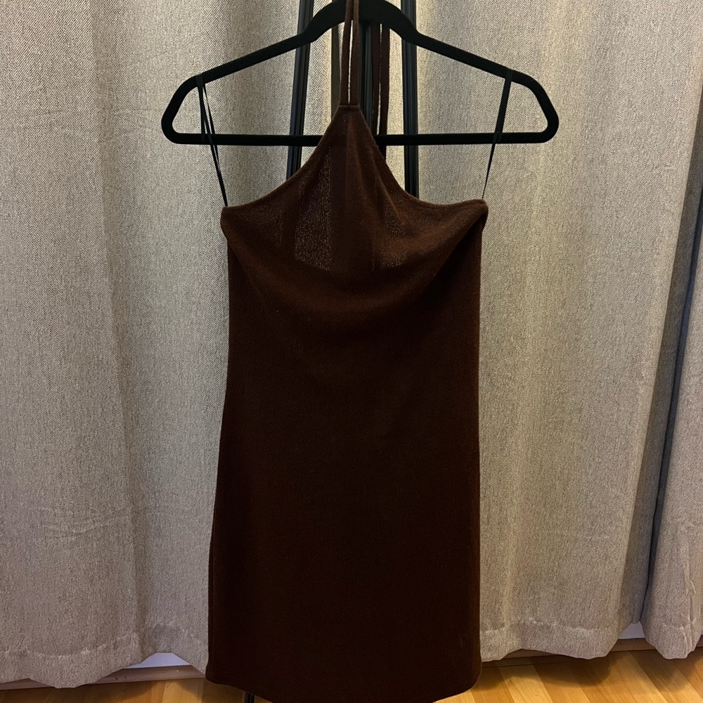 H&M Brown Mini Beaded Halter Vacation Dress - Size Medium - Picture 2 of 6